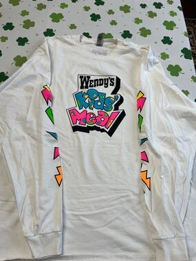 RARE Kids' Meal Wendy’s Graphic Long Sleeve Shirt - White with Neon Accents